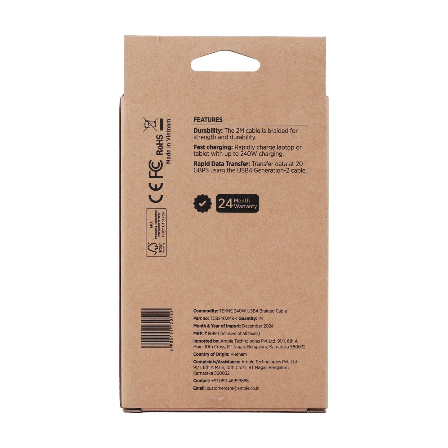 Tekne 240W USB4 Braided Cable | Ultra-Fast Charging & 20Gbps Data Transfer | Durable 2m CableÂ 