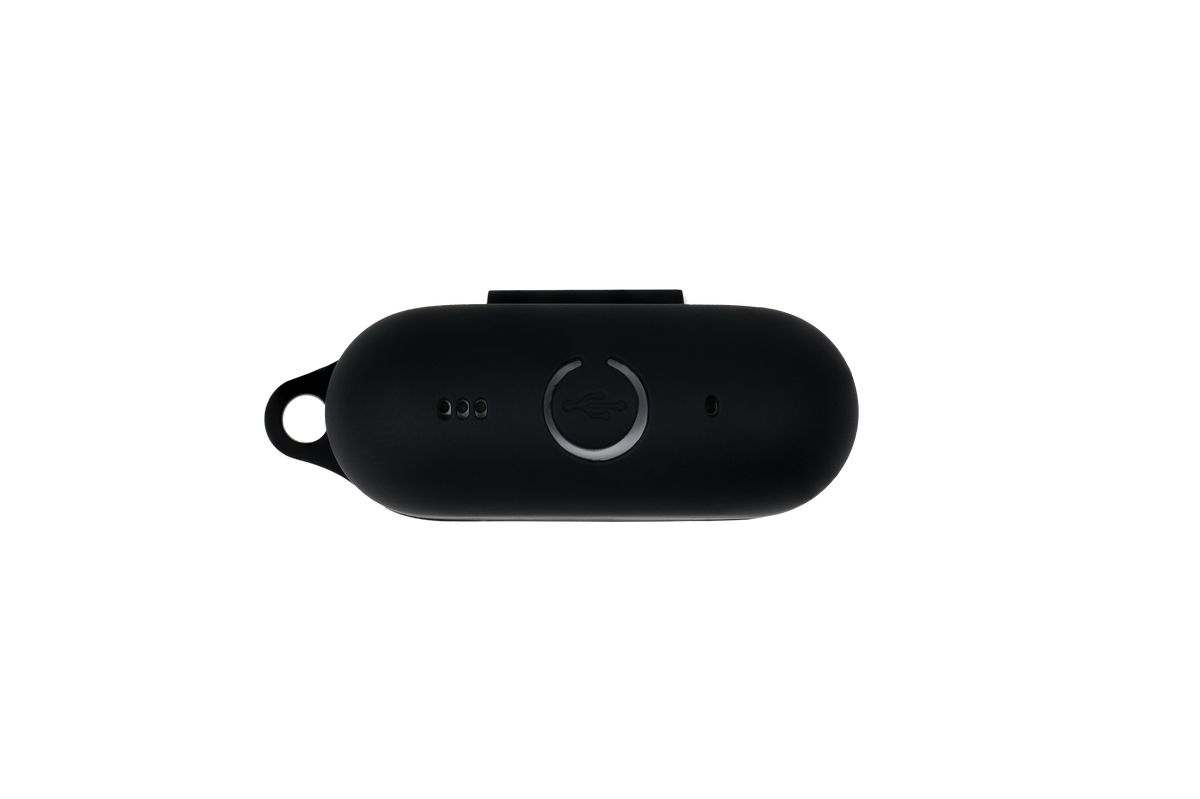 Black Tekne charging case with circular button and LED indicators
