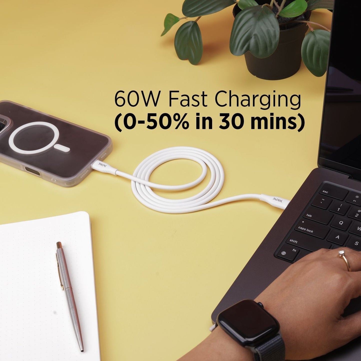 Tekne 60W iPhone Silicone Charging Cable | Fast Charging | Ultra-Durable | Tangle-Free Design