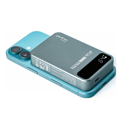 Pulse Tekne 10000mAh 20W power bank attached to back of teal smartphone