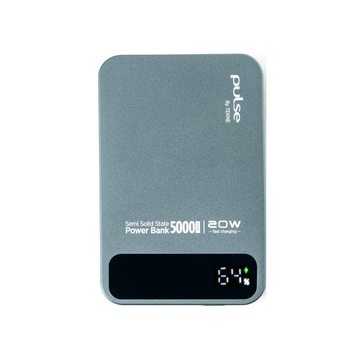 Pulse Tekne Semi Solid State Power Bank 5000mAh 20W fast charging with digital display showing 64%
