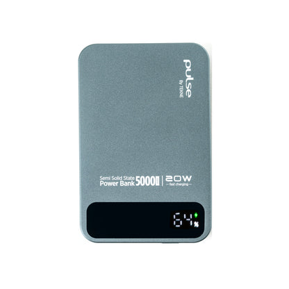 Pulse Tekne Semi Solid State Power Bank 5000mAh 20W fast charging with digital display showing 64%
