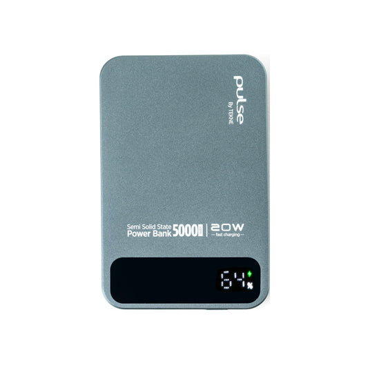 Pulse Tekne Semi Solid State Power Bank 5000mAh 20W fast charging with digital display showing 64%