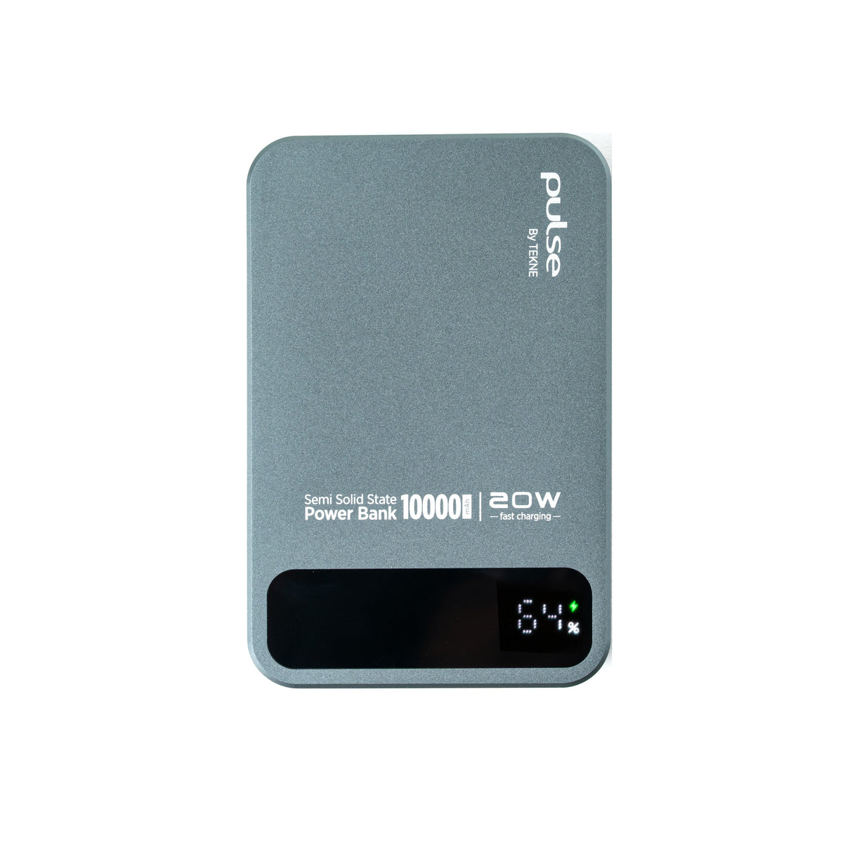 Grey Tekne Pulse 10000mAh 20W semi solid state power bank with digital display showing 84%
