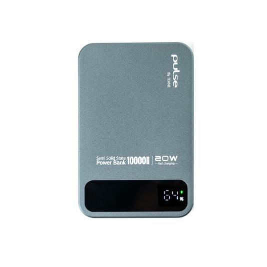 Grey Tekne Pulse 10000mAh 20W semi solid state power bank with digital display showing 84%