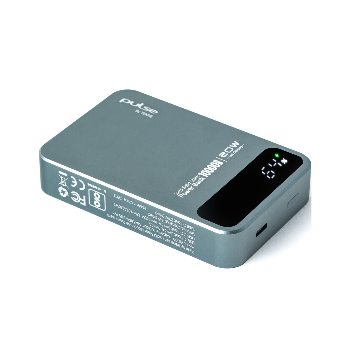 Pulse Tekne P10009 semi-solid state power bank in grey with 10000mAh 20W fast charging and digital display