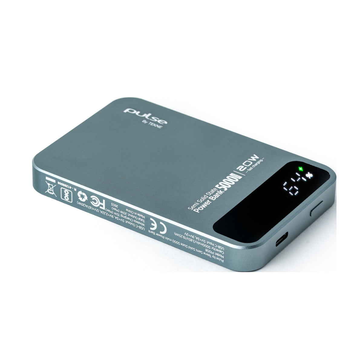 Pulse Tekne 5000mAh power bank with digital display showing 64 percent charge