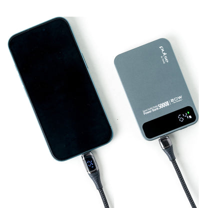 Pulse Tekne 5000mAh 20W power bank charging a smartphone with braided cable