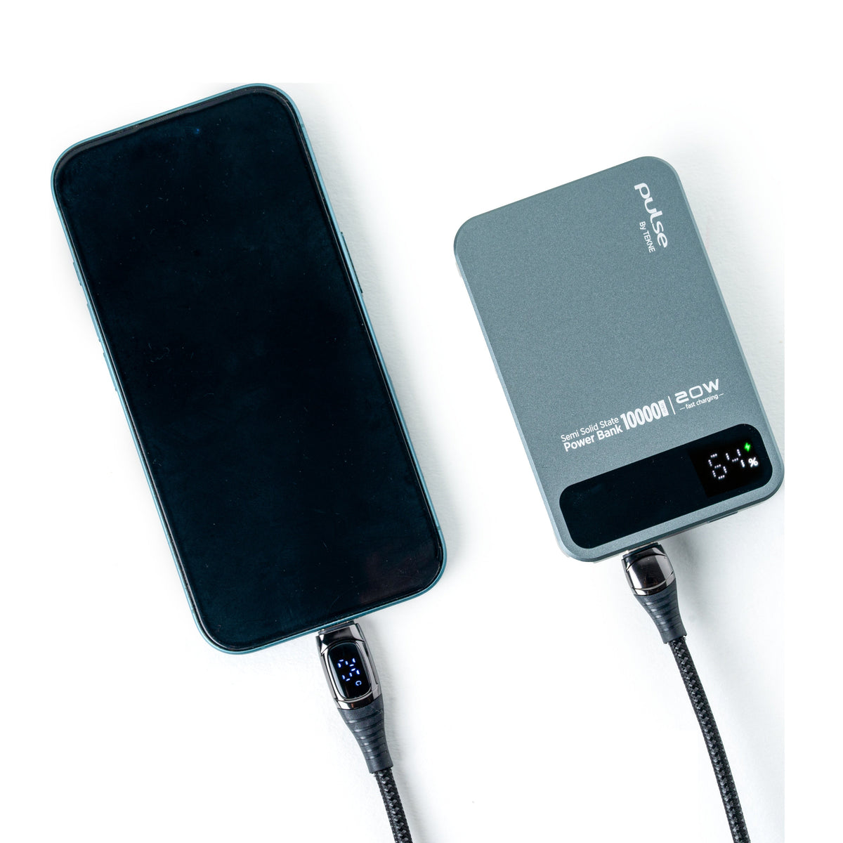 Pulse Tekne 10000mAh 20W power bank in grey connected to a smartphone via braided cable