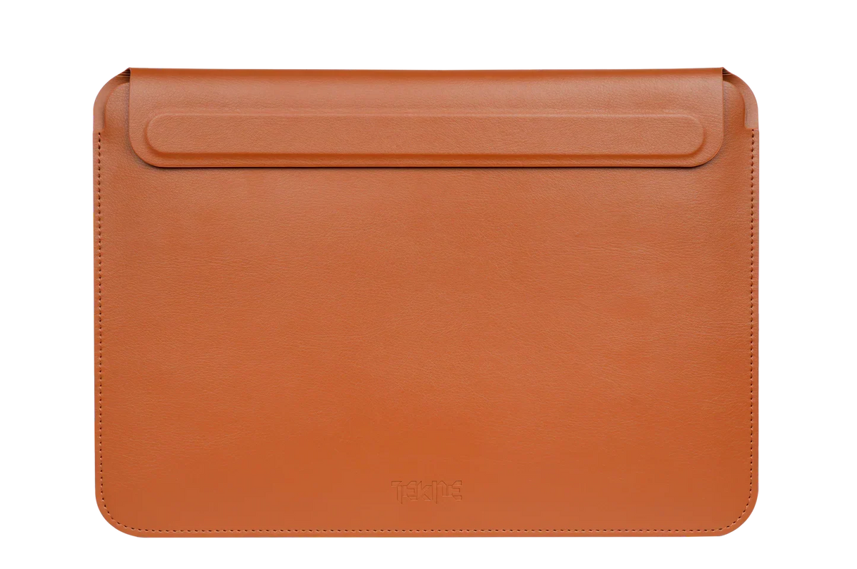 Tan Tekne leather tablet sleeve with flap closure and stitched edges