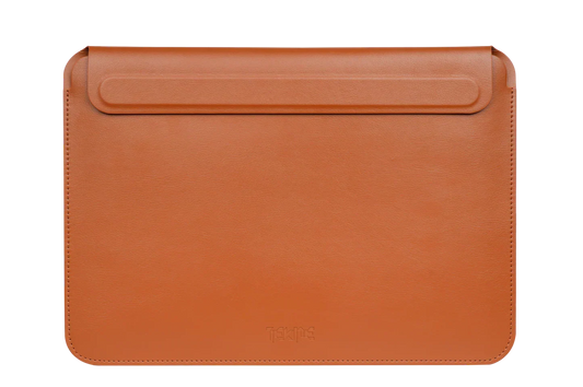 Tan Tekne leather tablet sleeve with flap closure and stitched edges