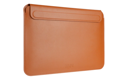 Tan leather Tekne laptop sleeve, front view with a fold-over flap and debossed logo