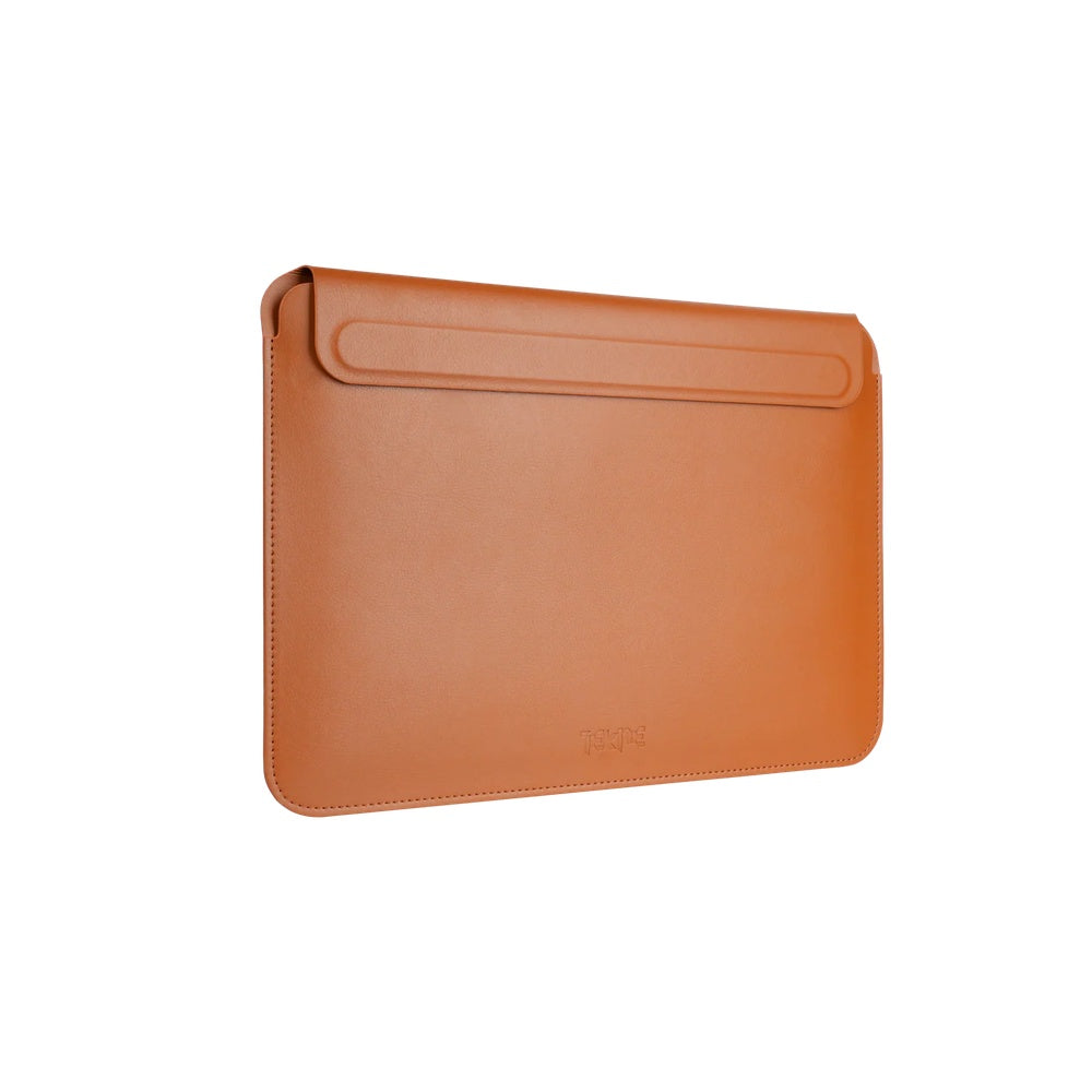 Tan leather Tekne tablet sleeve with top flap and debossed logo