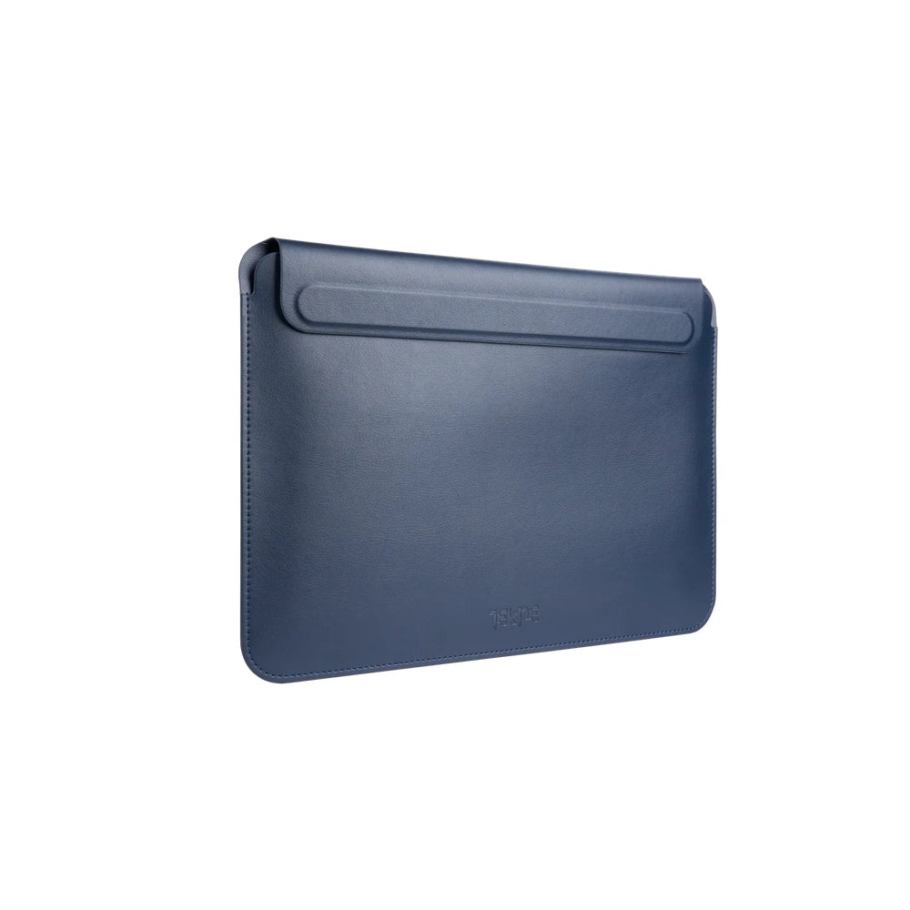 Navy blue Tekne laptop sleeve with front pocket and embossed logo